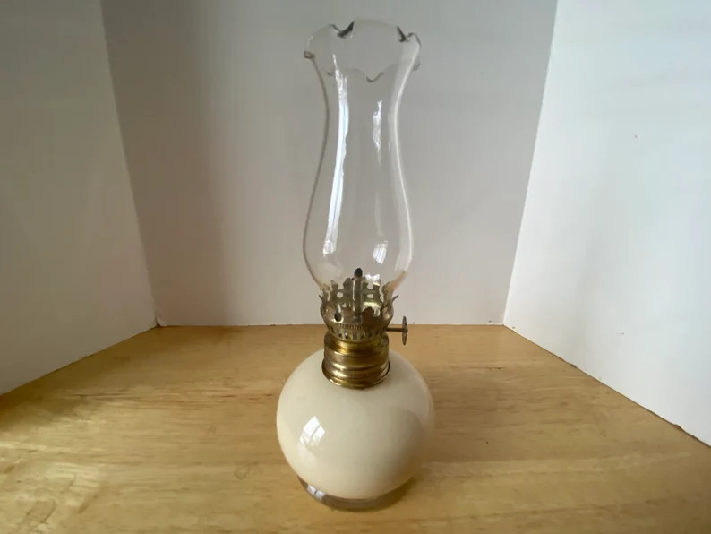 Vintage small painted cream / light beige  glass Oil Lamp with scalloped chimney and wick | Etsy (US)