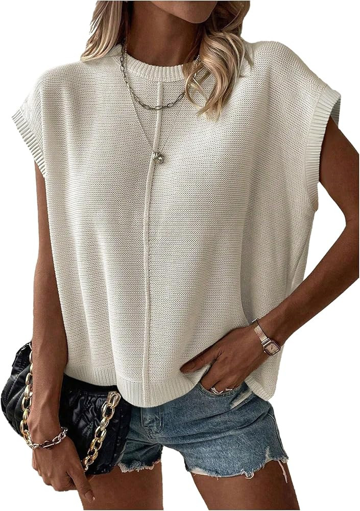Women's Crew Neck Cap Sleeve Knit Sweater Vest Elegant Business Casual Pullover Tops | Amazon (US)
