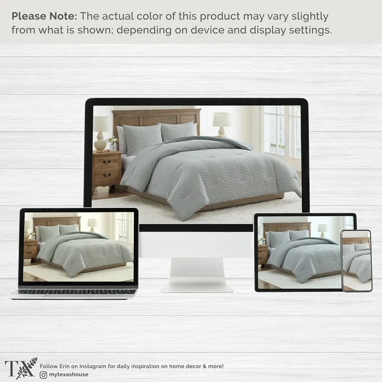 My Texas House Full/Queen Comforter Set, All-Season, 3-Piece, Green Gingham Plaid | Walmart (US)