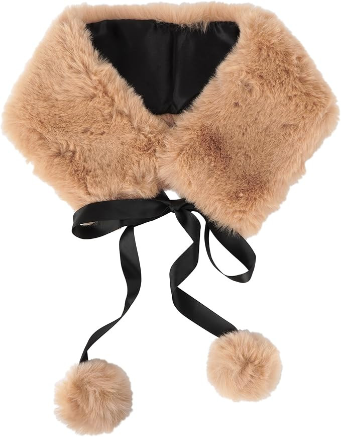 Women Winter Warm Soft Faux Fur Scarf Self Tie Collar Warp Neck Warmer | Amazon (US)