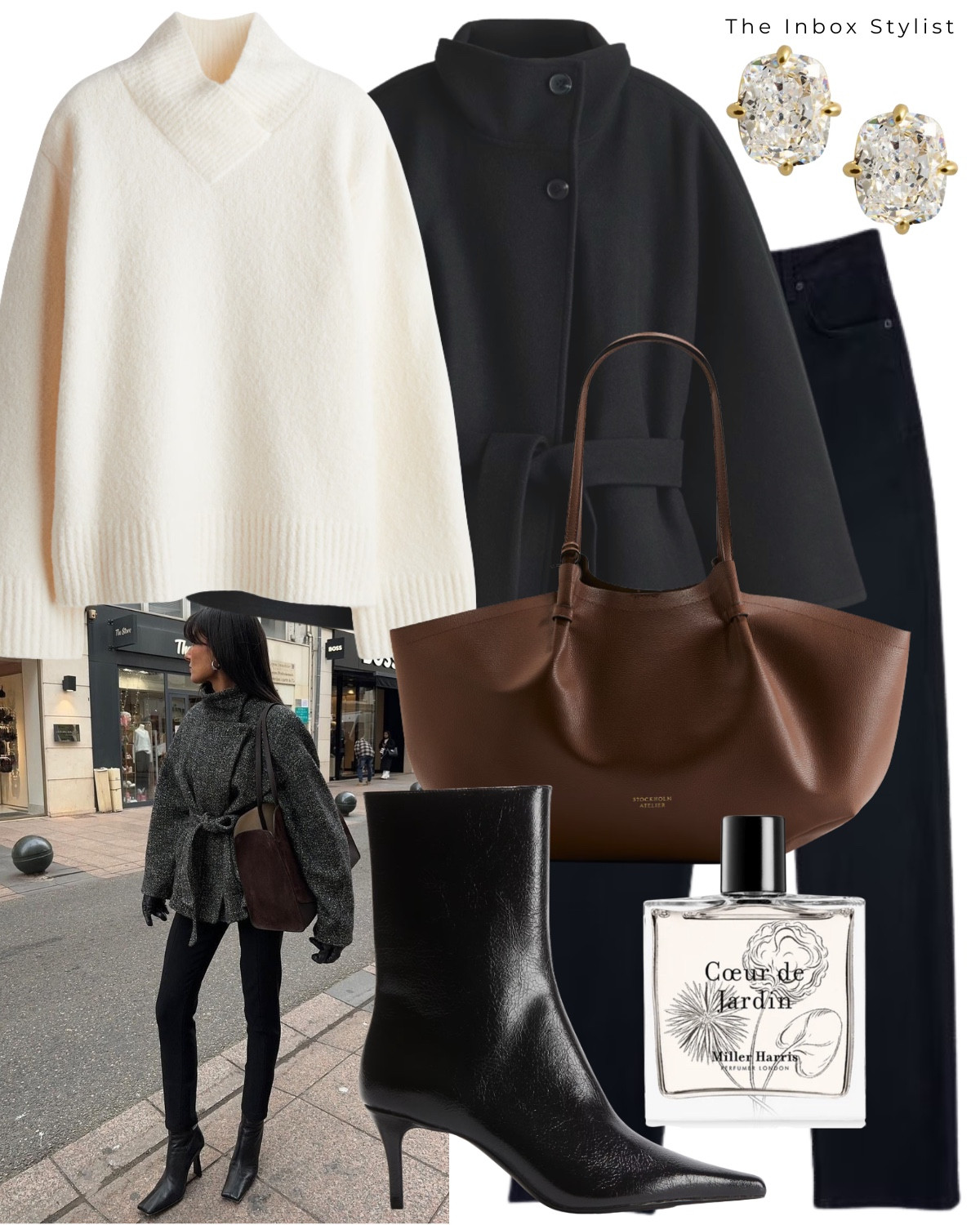 

Including black cape cost, white v neck jumper, black straight leg jeans, brown shopper handbag, diamond stud earrings, perfume, heeled boots, leather gloves  

#LTKwinter #LTKstyletip #LTKshoes