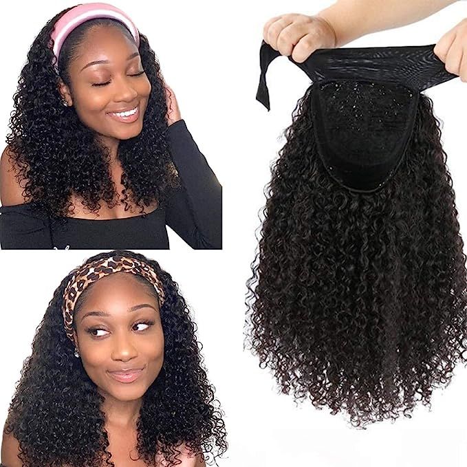 Black Wigs Deep Wave Human Hair Headband Wig 22 Inch Natural Color Machine Made No Lace Front Rea... | Amazon (US)