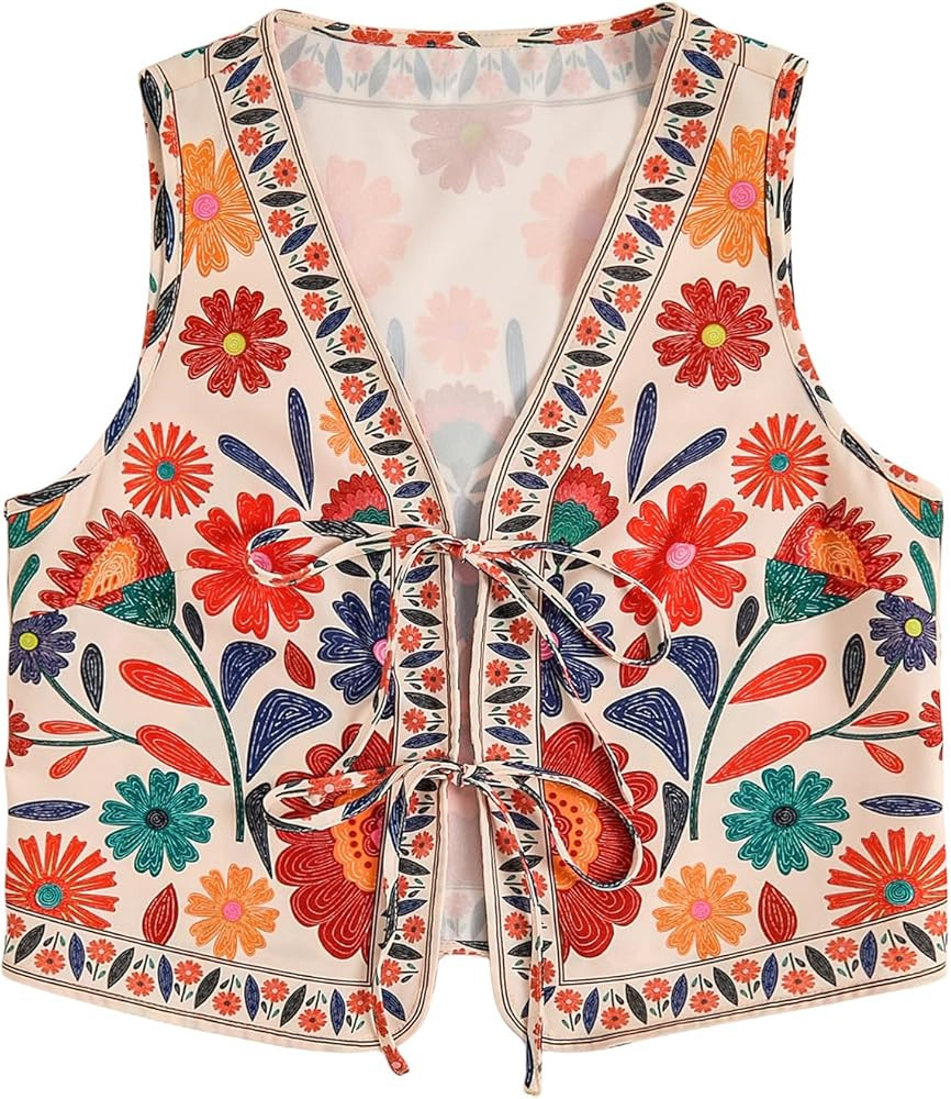 WDIRARA Women's Tropical Colorful Floral Tank Top Tie Front V Neck Sleeveless Tops | Amazon (US)