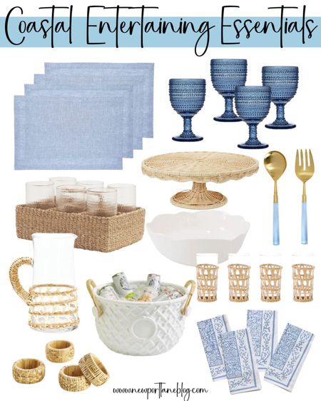Coastal dining table accessories, entertaining accessories, tableware, glassware, cake stand, drink bucket, napkins, pitcher, napkin rings, placemats, tablescape, blue and white



#LTKsalealert #LTKunder100 #LTKhome