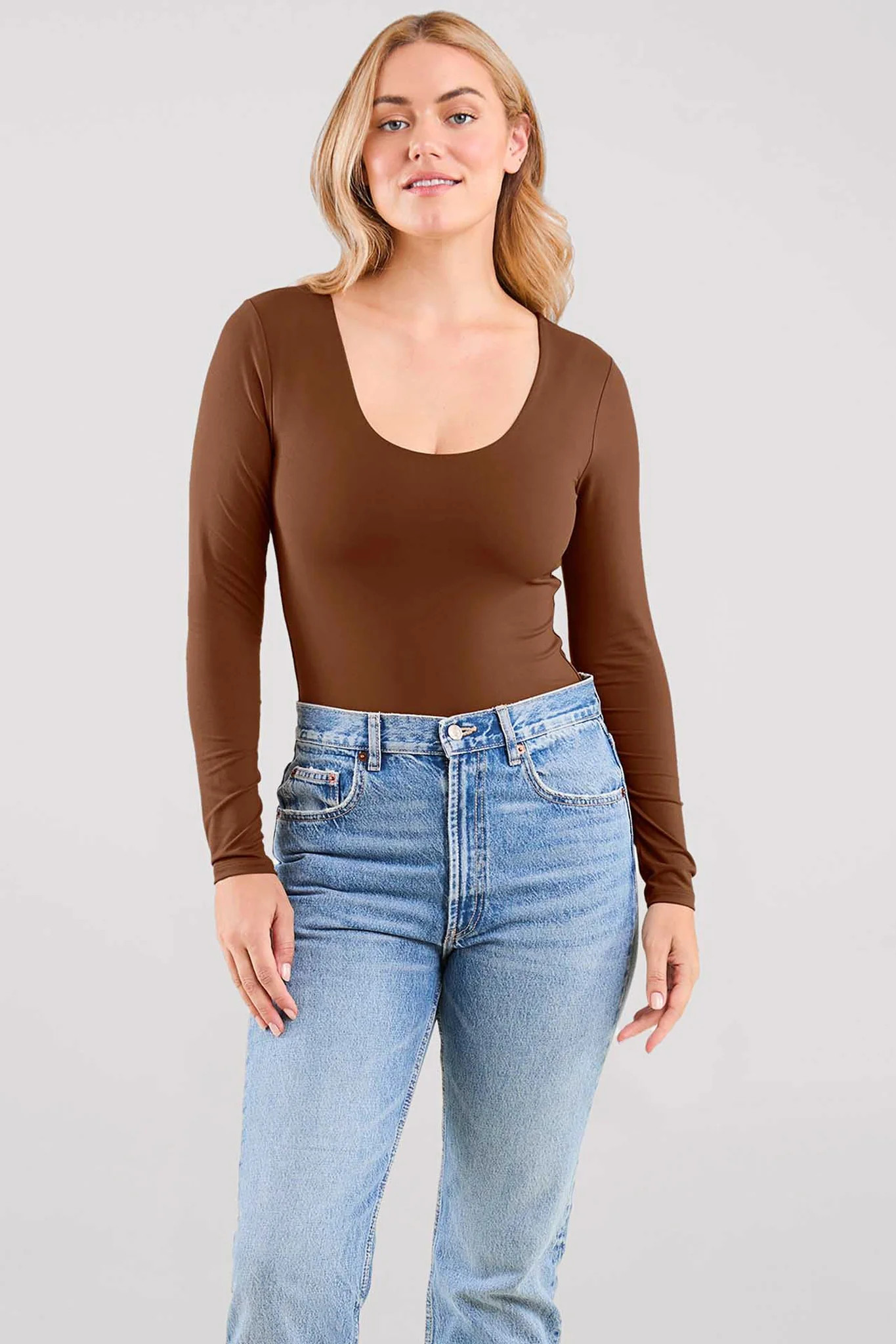 Long Sleeve Scoop Neck Bodysuit | Chocolate | Nuuds US