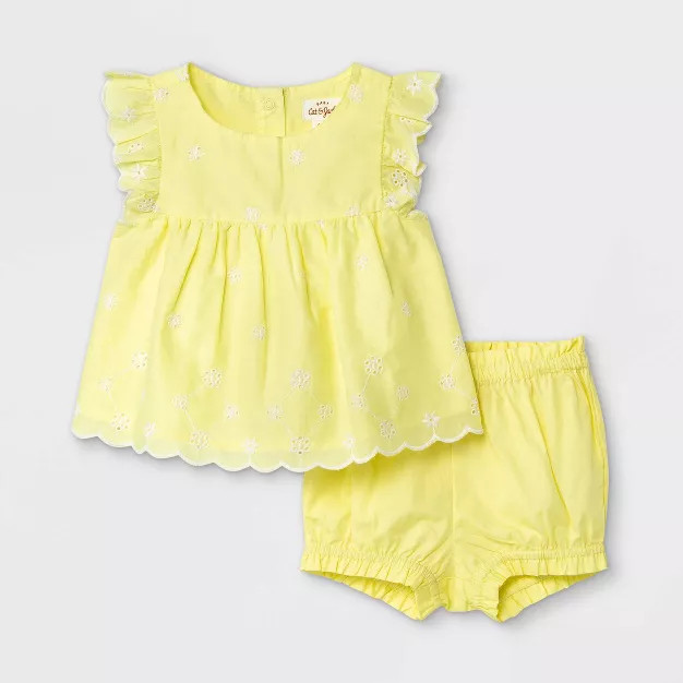 Baby Girls' Eyelet Bloomer Top & Bottom Set - Cat & Jack™ Light Yellow | Target
