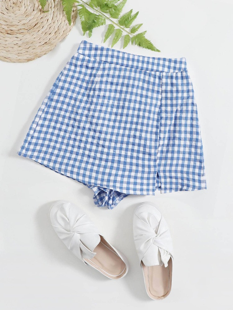 SHEIN Buffalo Plaid Split Hem Skort | SHEIN