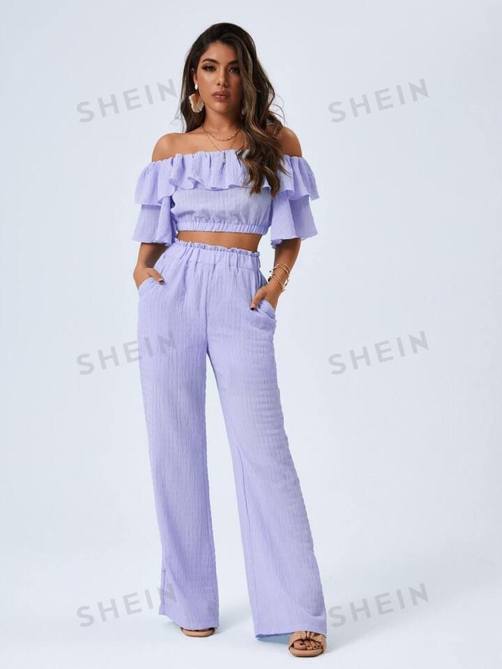 SHEIN Privé Off Shoulder Crop Top & Paperbag Waist Pants Set | SHEIN