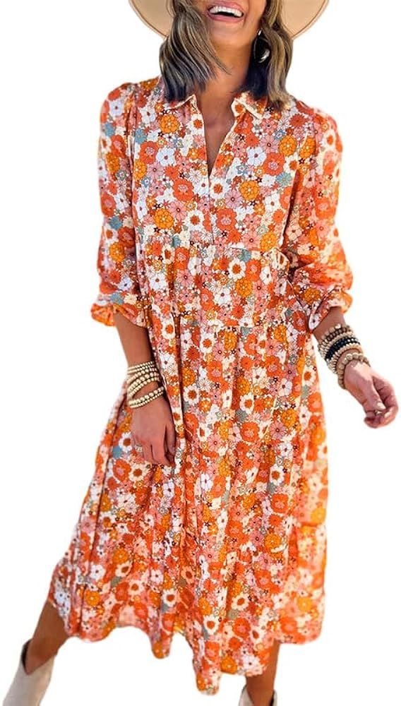 Dokotoo Women's Casual Loose Bohemian Floral Dresses 2024 Long Puff Sleeve V Neck Ruffle A Line F... | Amazon (US)