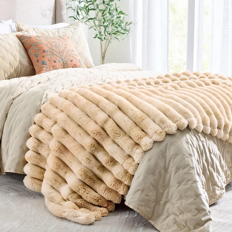 Better Homes & Gardens Beige Marbled Exaggerated Channel Faux Fur Oversized Throw, 50" x 72" | Walmart (US)