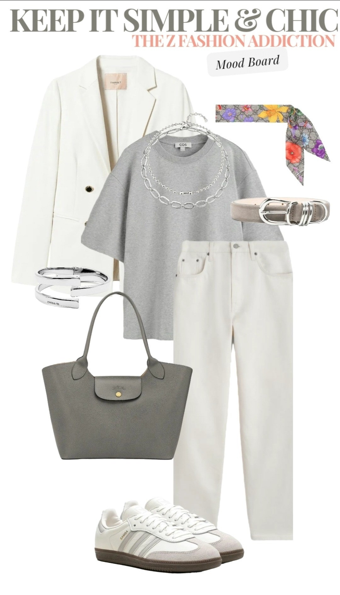 Saturday mood! Keep it simple and chic. Wear your favorite jeans and t-shirt, and continue by adding jewelry and accessories that will lift the look ✨️ #outfitoftheday #whattowear #styleinspiration #styleinspo #outfitinspiration .....Sneaker shoes styling blazer t-shirt jeans adidas longchamp styling guide inspo effortless chic capsule wardrobe shop ltk scarf how to wear spring fashion jewelry silver look ideas forties styling outfit

#LTKstyletip #LTKbag #LTKworkwear