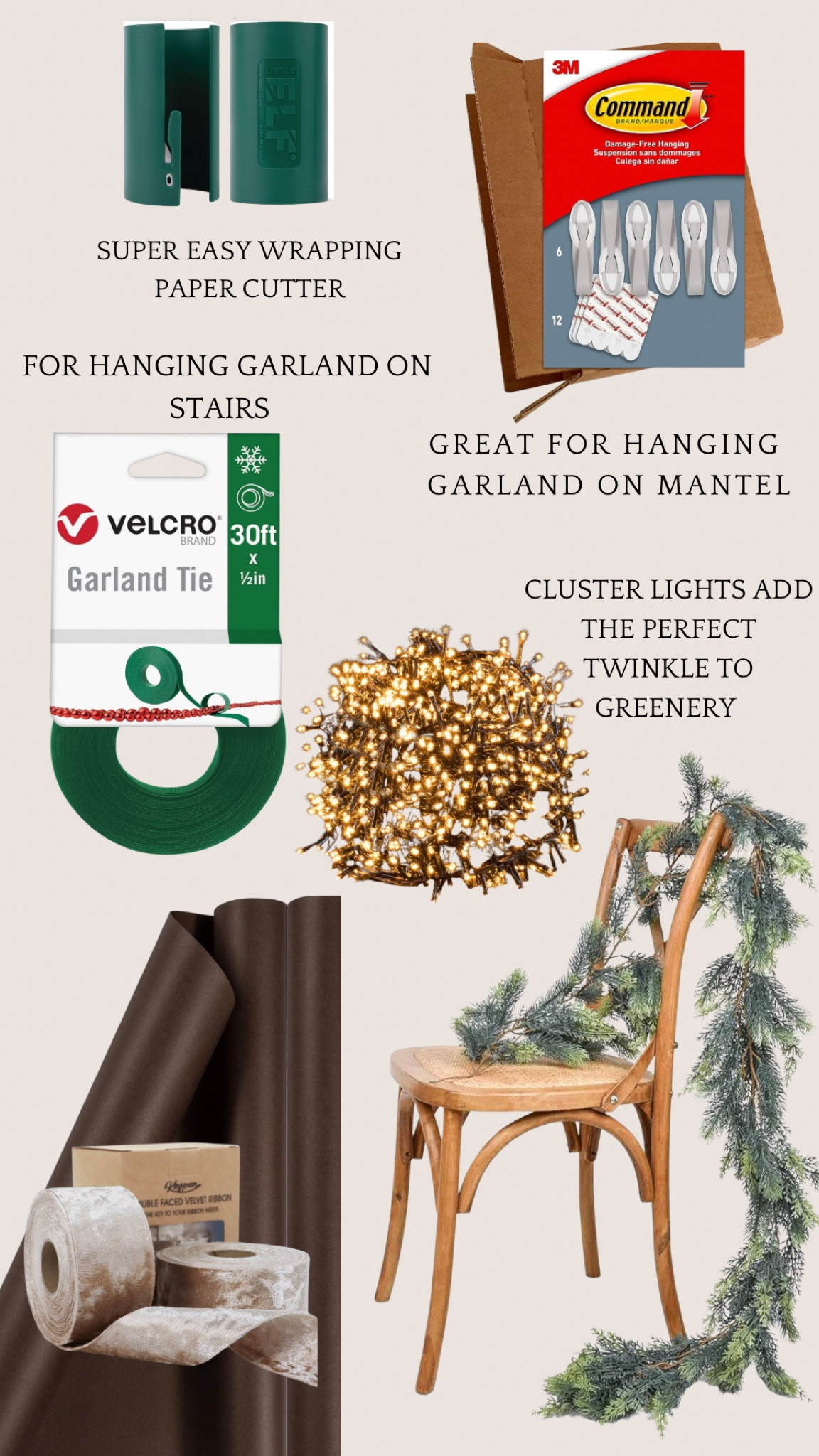 Christmas finds! Cluster lights, wrapping paper cutter, cord bundler for garland, Velcro garland strips, affordable Christmas garland, neutral wrapping paper

#LTKGiftGuide #LTKHolidaySale #LTKhome
