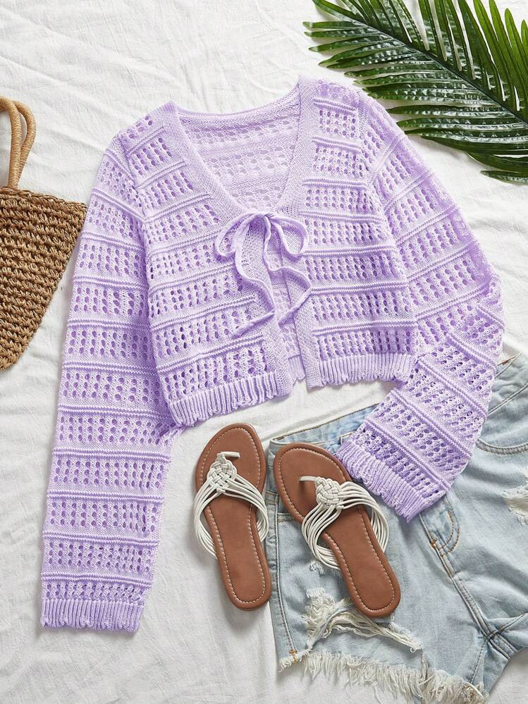 Travachic Women's Solid Color Hollow Out Knitted Tie Up Cardigan, Suitable For Vacation | SHEIN