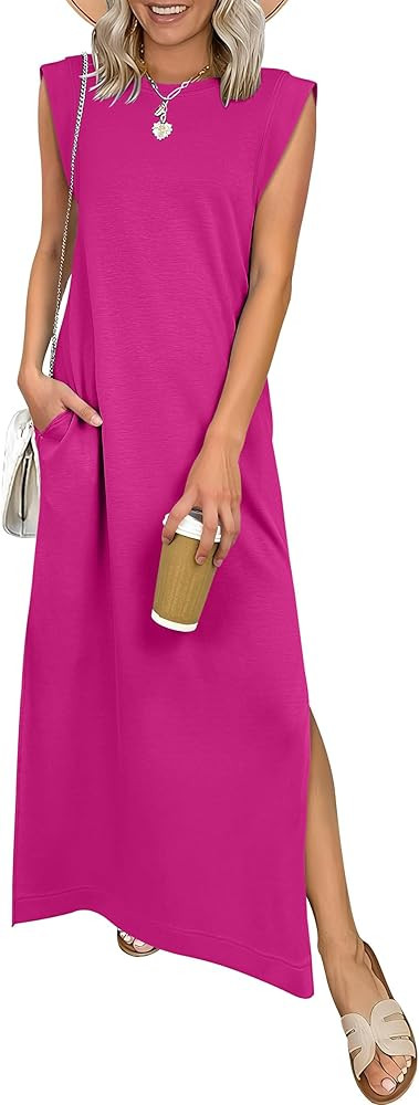 ANRABESS Women Summer Casual Sleeveless Maxi Dress 2026 Crewneck Loose Split Wrinkle-Free Beach T... | Amazon (US)