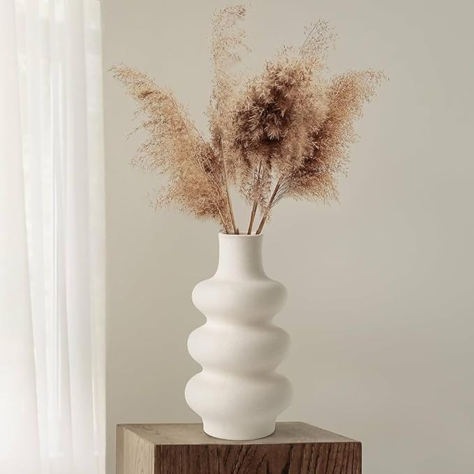 Tall Ceramic Wavy Vase | Modern Dried Flower Vase | Round White for Pampas Grass | Boho Home Deco... | Amazon (UK)