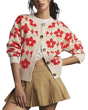 Women Floral Cardigan Sweater Open Front Long Sleeve Button Down Knit Sweater Vintage Outerwear | Amazon (US)