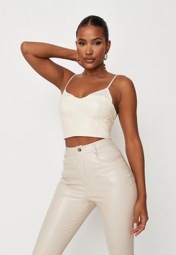 Missguided - Cream Mesh Trim Faux Leather Corset Top | Missguided (US & CA)