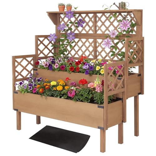 Raised Garden Bed with Trellis, 2-Tier Elevated Planter Box, Wooden Outdoor Planter for Vegetables Herbs Flowers, Lattice Back for Climbing Plants, Modern Minimal Design for Patio Balcony Backyard | Amazon (US)