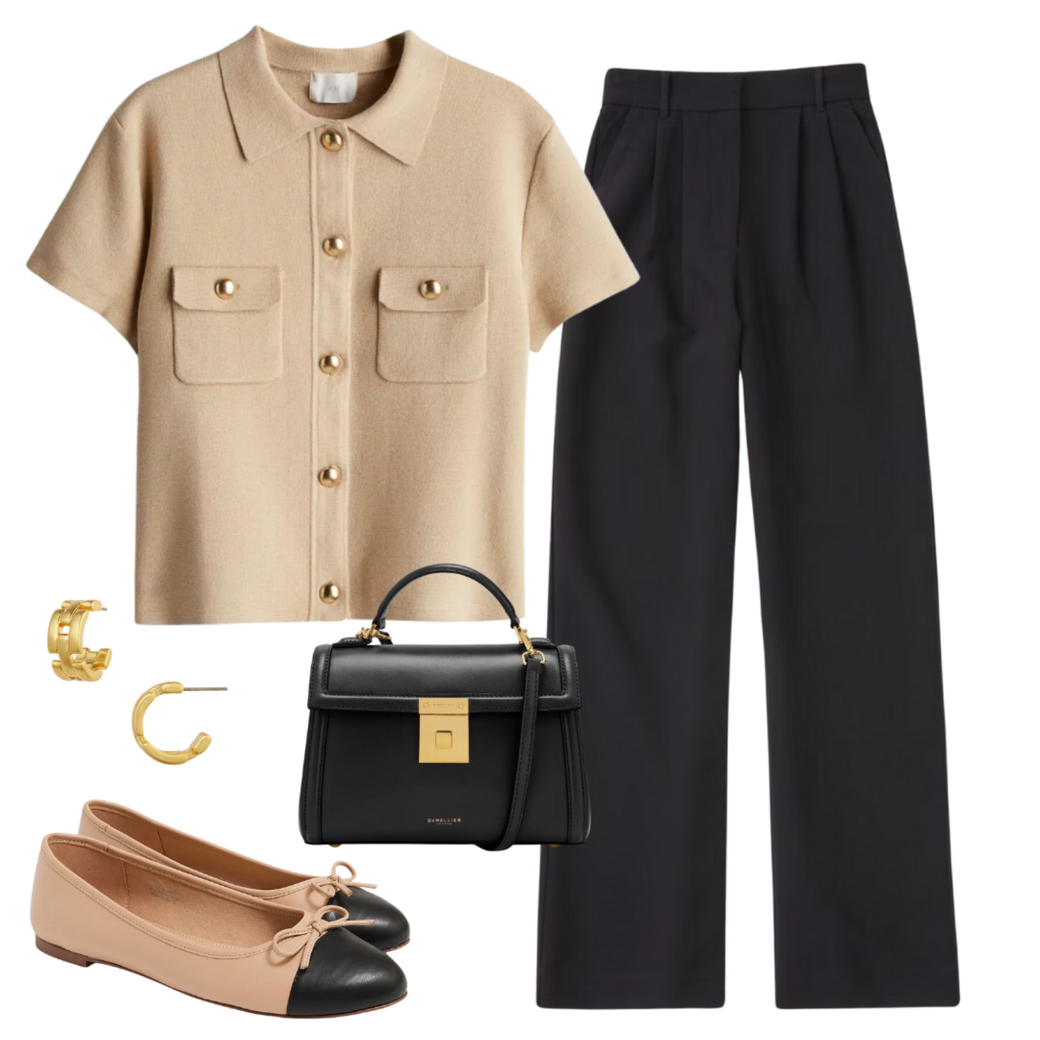 How to style a short sleeve cardigan.

Black trouser pants, cap toe ballet flats, top handle bag