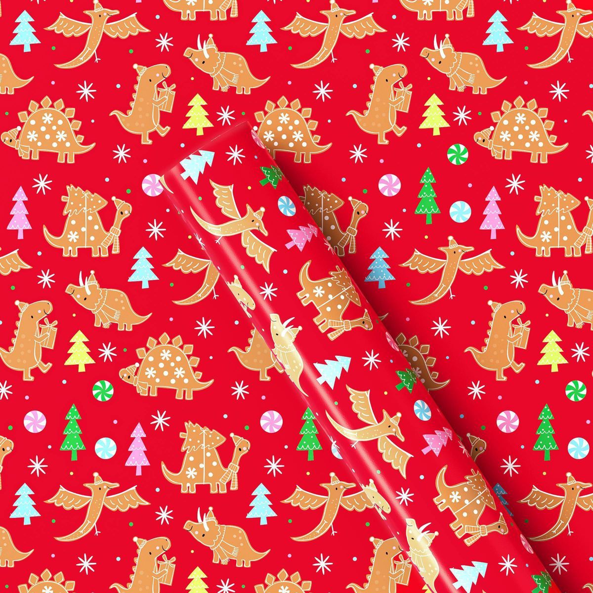 25 sq ft Gingerbread Dinosaurs Christmas Gift Wrap Red - Wondershop™ | Target