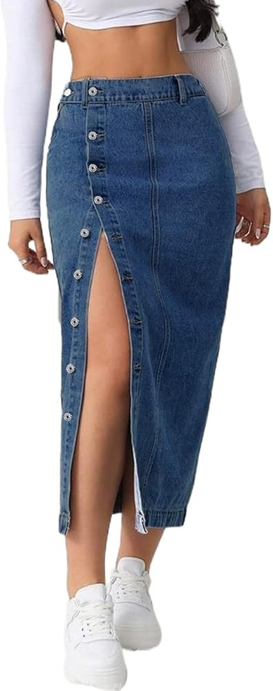 Women's Casual Slit Denim Midi Jean Skirt Stretch High Waisted Button Up Frayed with Pockets | Amazon (US)