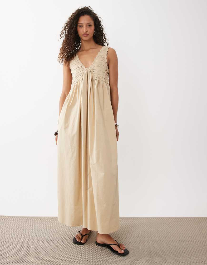 ASOS DESIGN v-neck scallop trim maxi dress with back tie in tea stained beige-Neutral | ASOS (Global)