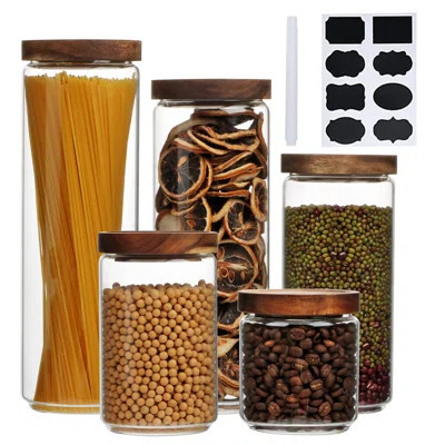 Glass Canisters With Wooden Lids Kitchen Jars For Storage,Tea,Sugar And Coffee Container Set,Set Of 5 Canisters For Candy, Cookie, Rice And Spice Jars | Wayfair North America