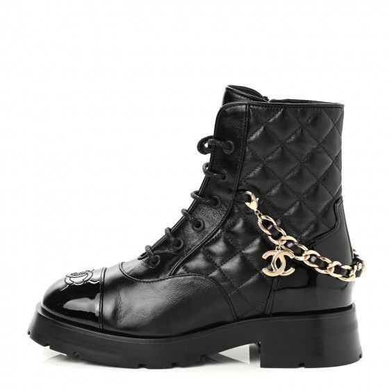 Shiny Calfskin Patent Quilted Chain Lace Up Combat Boots 35 Black | FASHIONPHILE (US)