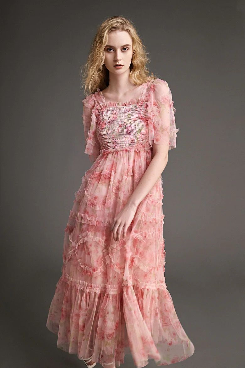 Pink Ruffled Smocked Floral Print Mesh Maxi Dress | J.ING
