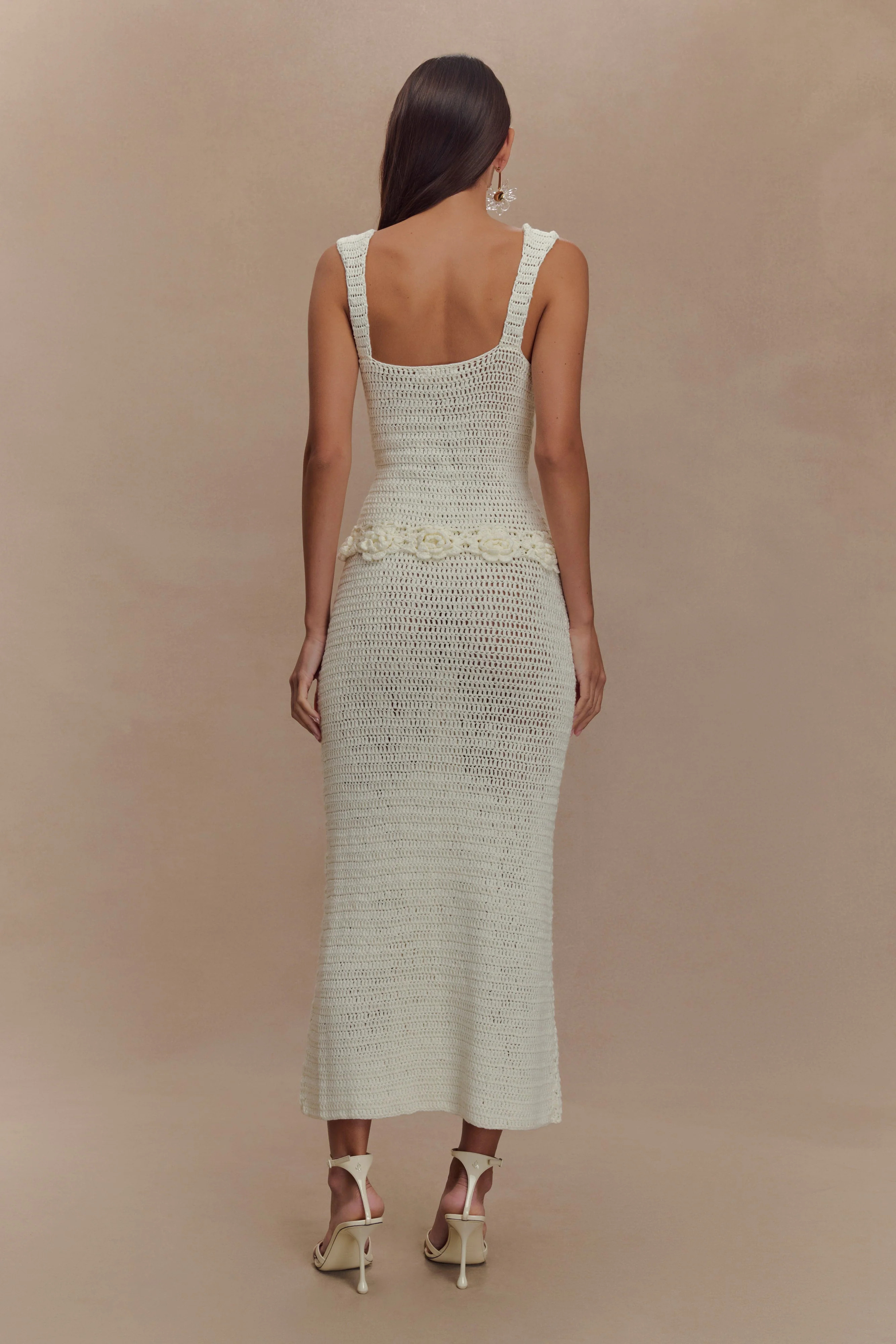 Floral Hand Crochet Midi Dress - Ivory | MESHKI US