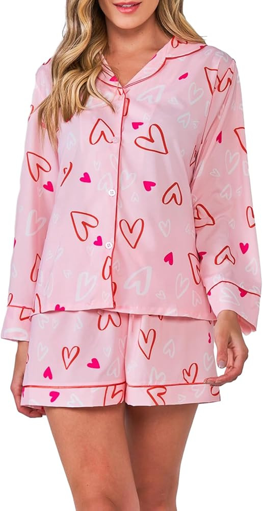 Women Christmas Pajamas Shorts Set Santa Claus Pjs Long Sleeve Button Down Shirt+Pants 2 Piece Xm... | Amazon (US)