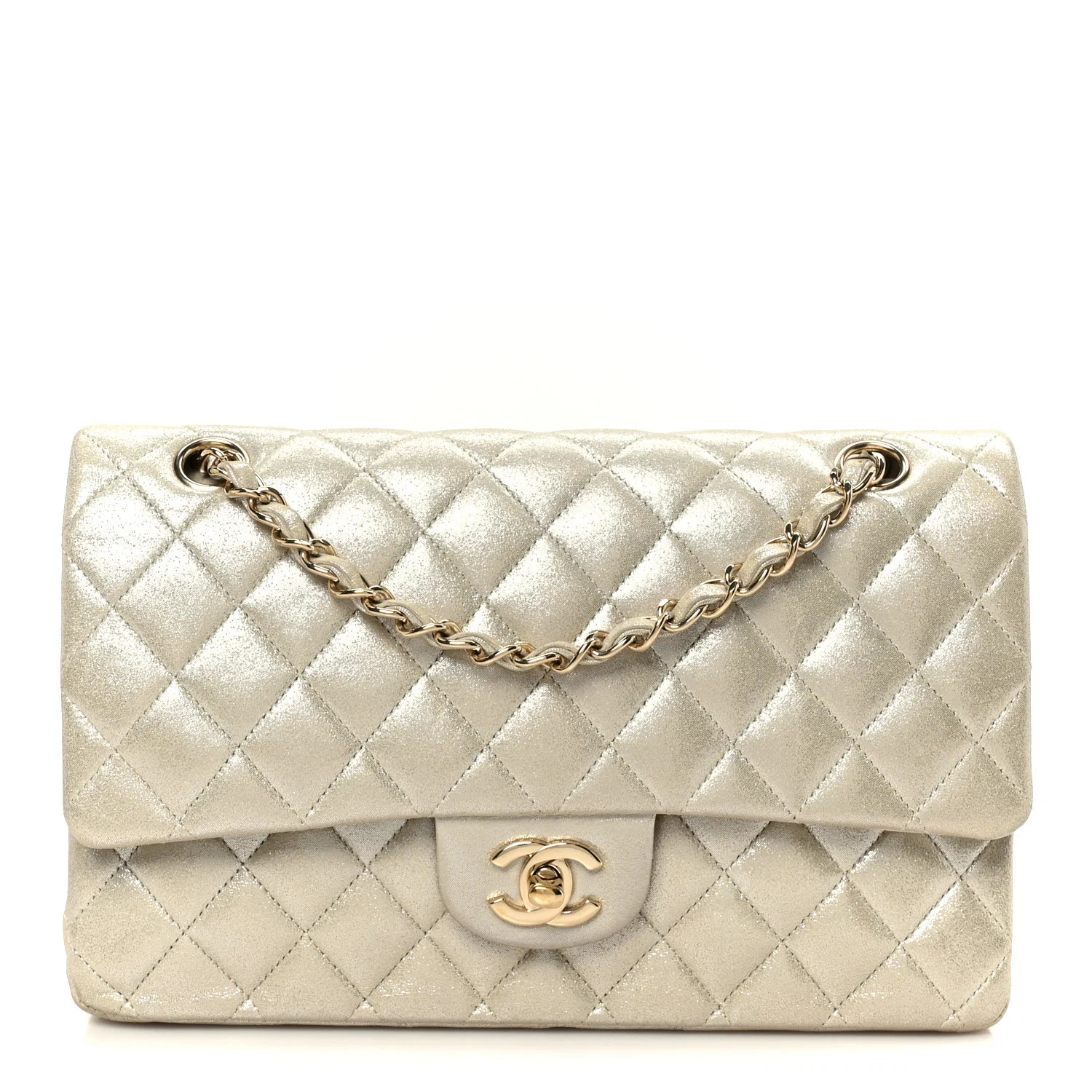 Metallic Canvas Quilted Medium Double Flap Light Gold | FASHIONPHILE (US)