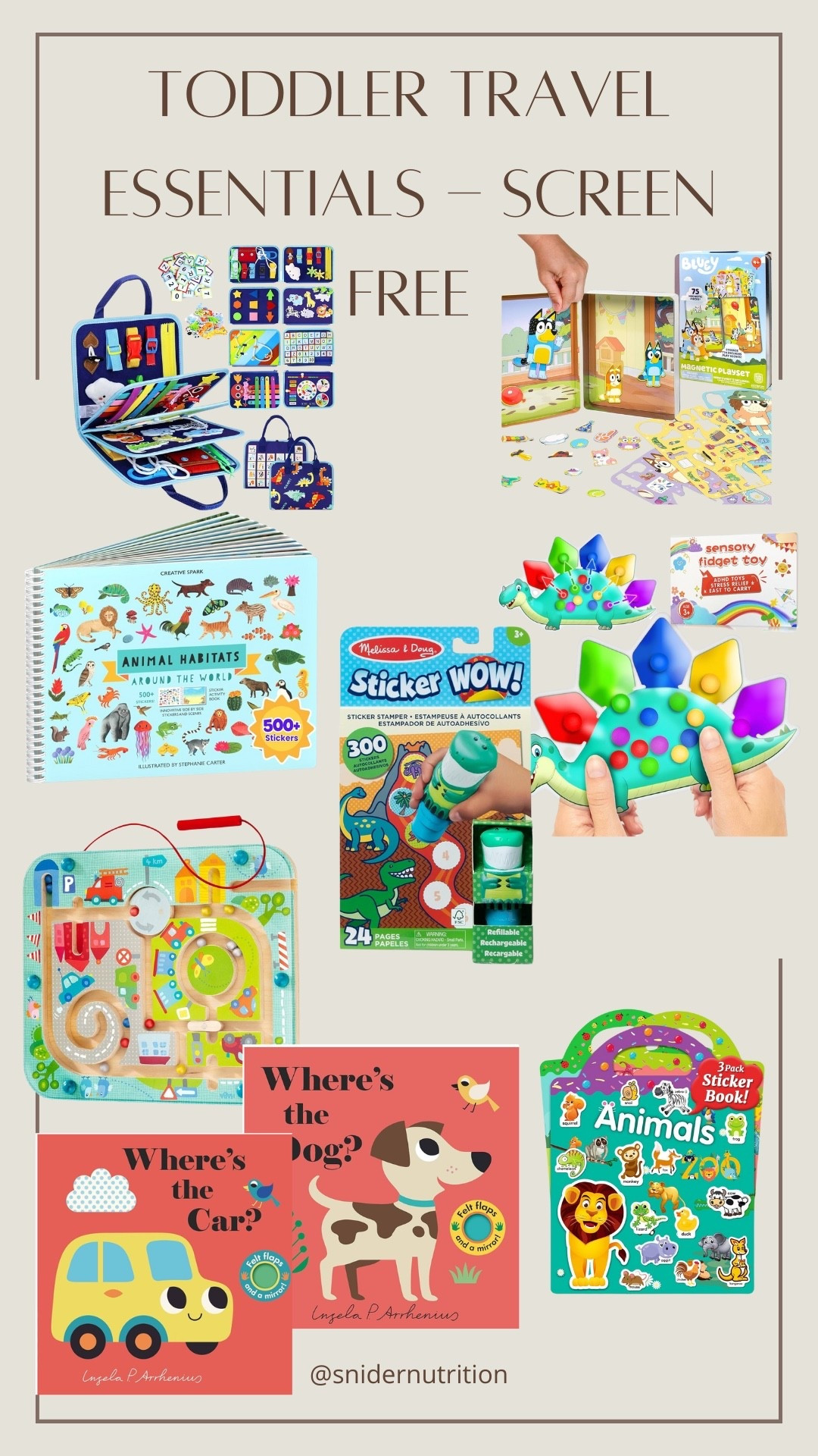 Toddler travel essentials if you are trying to go screen free (or at least limit screen time)!

Toddler travel activities, toddler travel toys, how to entertain a toddler, busy board, busy book, magnetic toddler toys, color sorting toy, sticker book, toddler sticker book, sticker wow, reusable sticker book, magnetic puzzle maze, board books, toddler books

#LTKFamily #LTKFindsUnder100 #LTKFindsUnder50