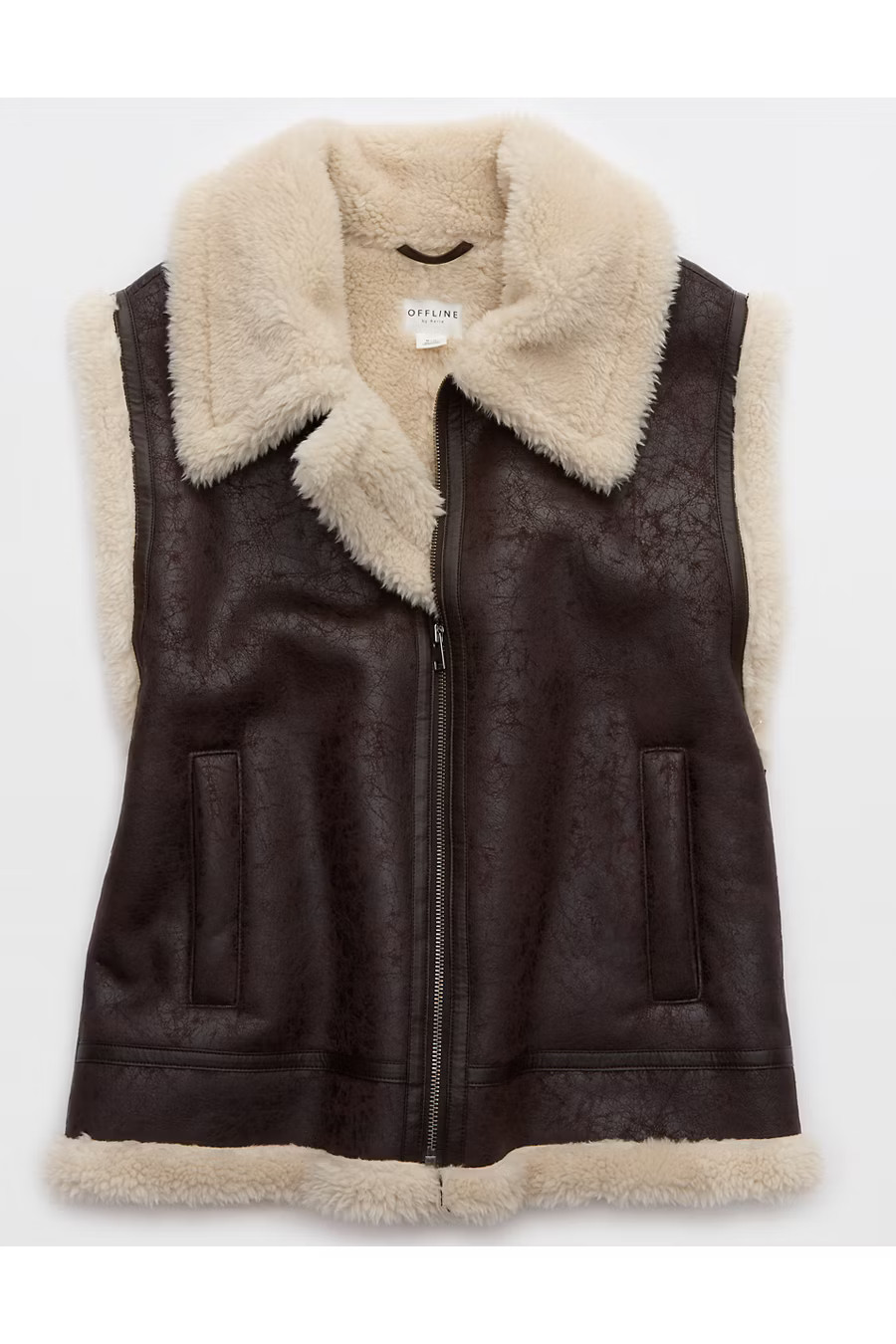 OFFLINE By Aerie Faux Leather Sherpa Vest Women's Deep Earth XXS | Aerie