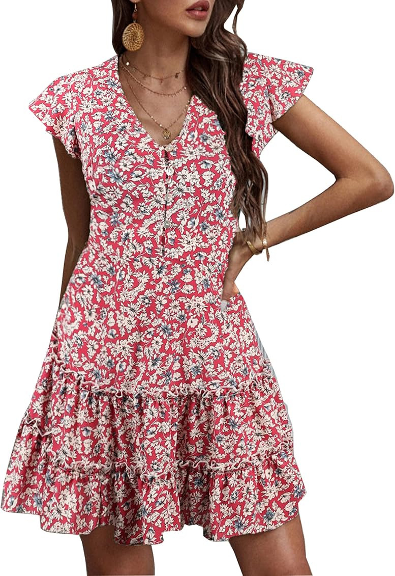 KIRUNDO Women’s Summer Hot Short Sleeve V-Neck High Waist Floral Print Mini Boho Sun Dress with Butt | Amazon (US)