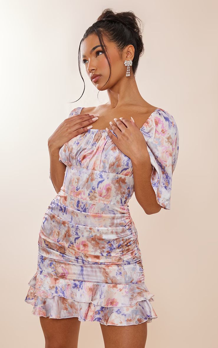 Pink Tie Dye Print Satin Ruched Side Frill Hem Bodycon Dress | PrettyLittleThing UK