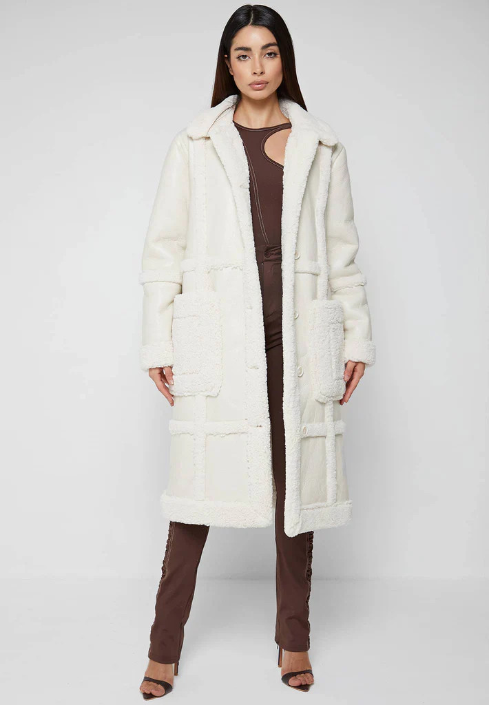 Limited Edition Vegan Leather & Shearling Coat - Beige | Maniere De Voir
