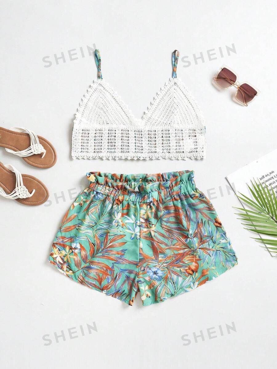 SHEIN WYWH Lace Cami Top & Tropical Print Shorts | SHEIN