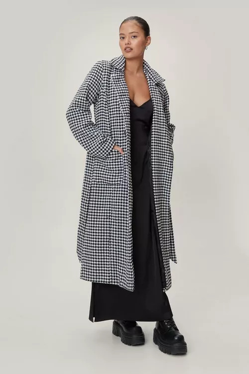 Petite Houndstooth Oversized Belted Coat | Nasty Gal (US)
