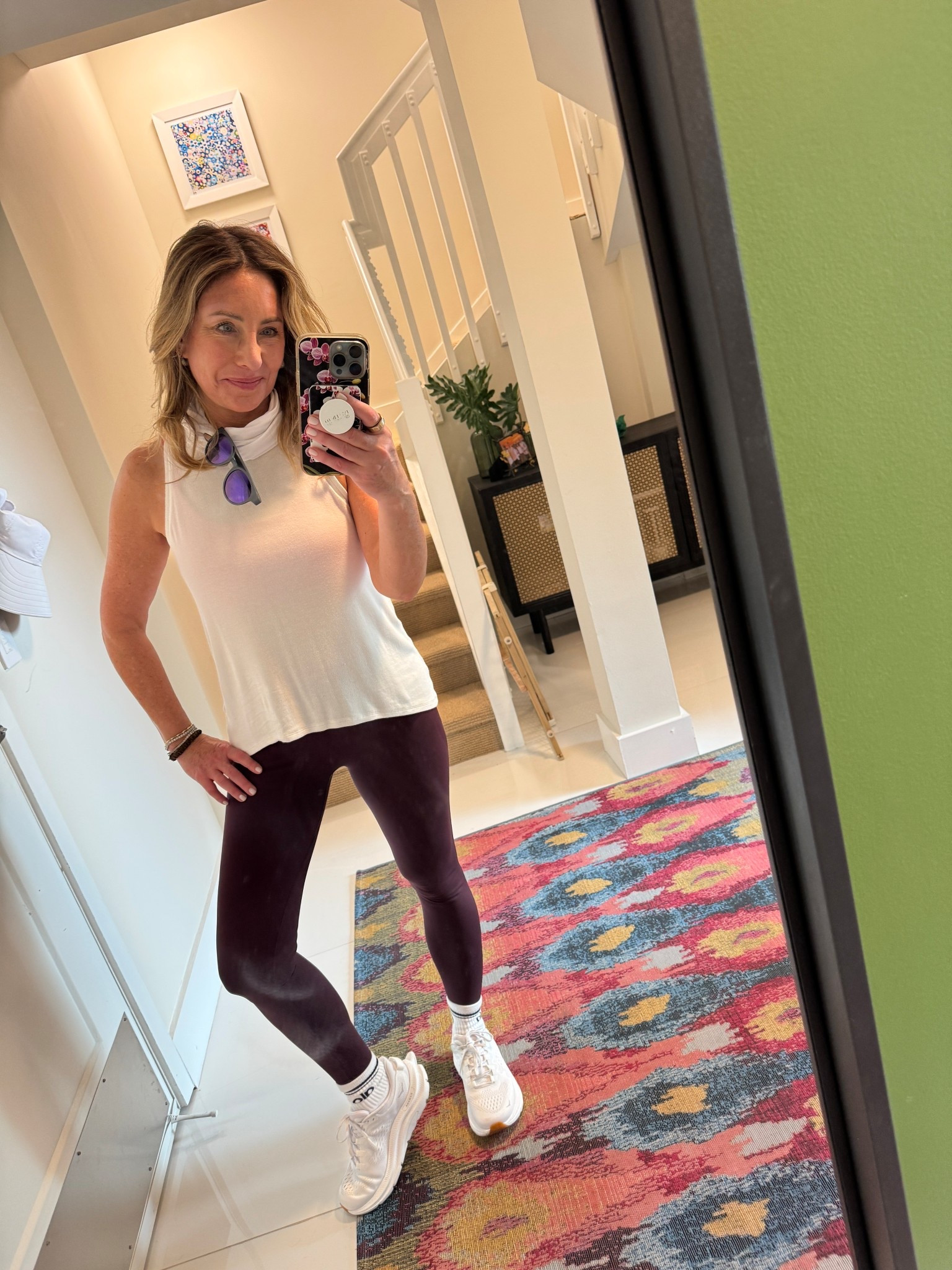 I really am loving these leggings by Fabletics. They’re a little thicker material so they hold everything in. And they have a special design on the back that makes your bum look extra perky! I picked a maroon color which is close to black but not black. And I like that it makes me feel like I’m branching out, lol. I’ve also been wearing this gator around my neck to protect from the sun. I need to preserve everything after that chemical peel.

#LTKmomlife #LTKootd #LTKdayinmylife