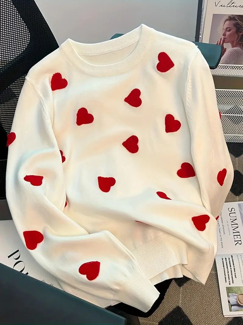 Valentine's Day Heart Pattern Knit Sweater Casual Crew Neck - Temu | Temu Affiliate Program