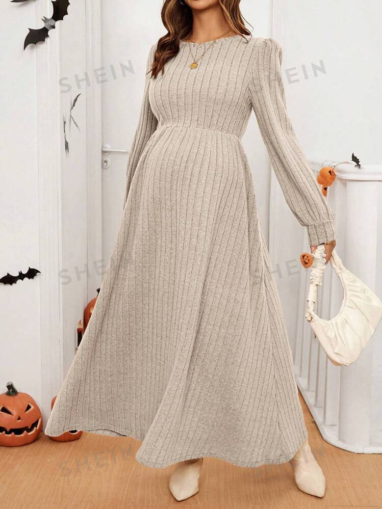 SHEIN Maternity Simple Solid Color Round Neck Long Sleeve Long Dress, Casual Everyday Wear | SHEIN