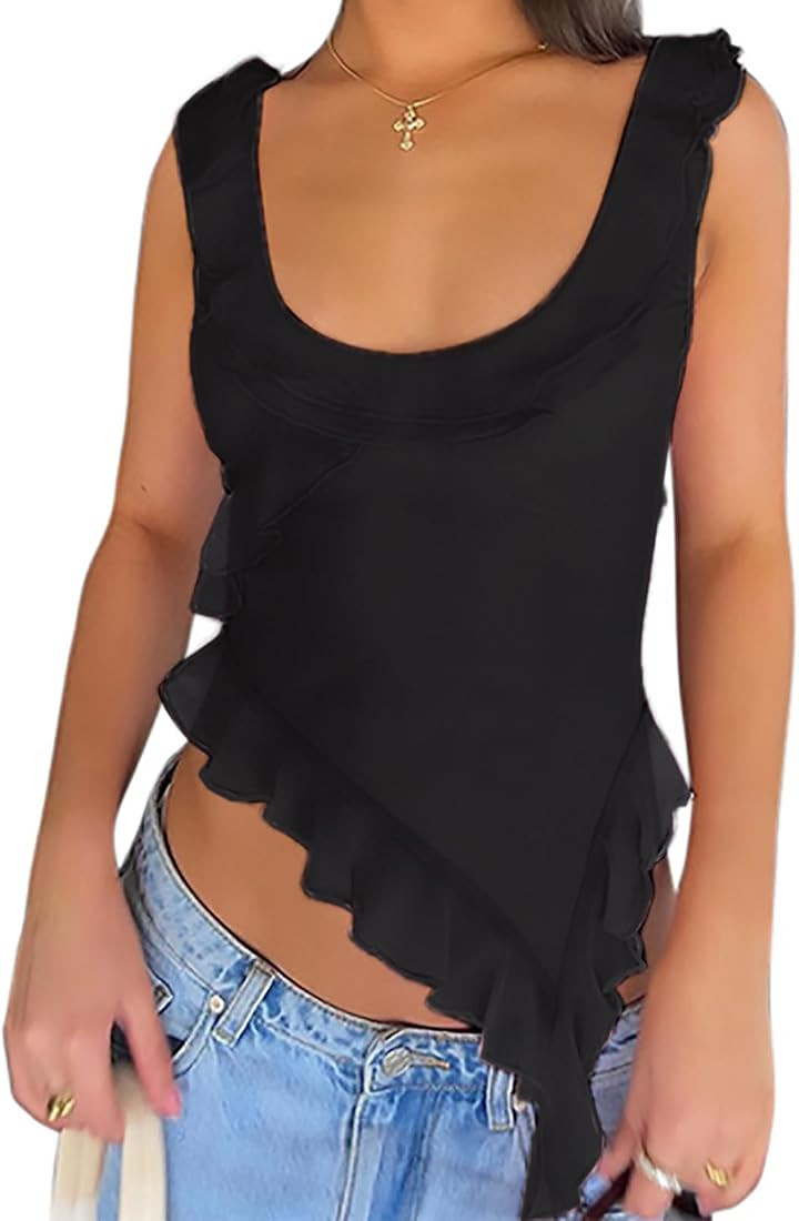 BOUFOR Women's Ruffle Tank Top Sleeveless Mesh Ruffle Hem, Summer Dressy Casual Y2k Tops Low Cut ... | Amazon (US)