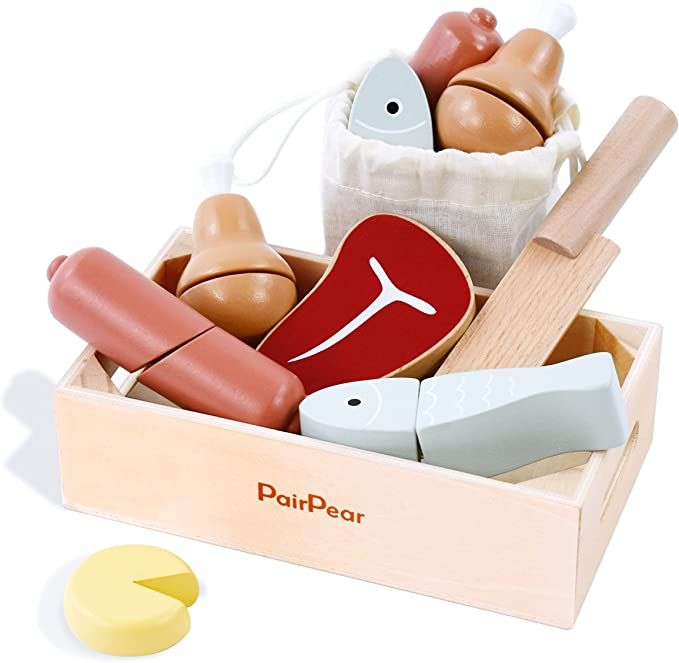 PairPear Wooden Play Food Cutting Meat Set - Wooden Toys for Toddlers Toy Food Play Kitchen Acces... | Amazon (US)