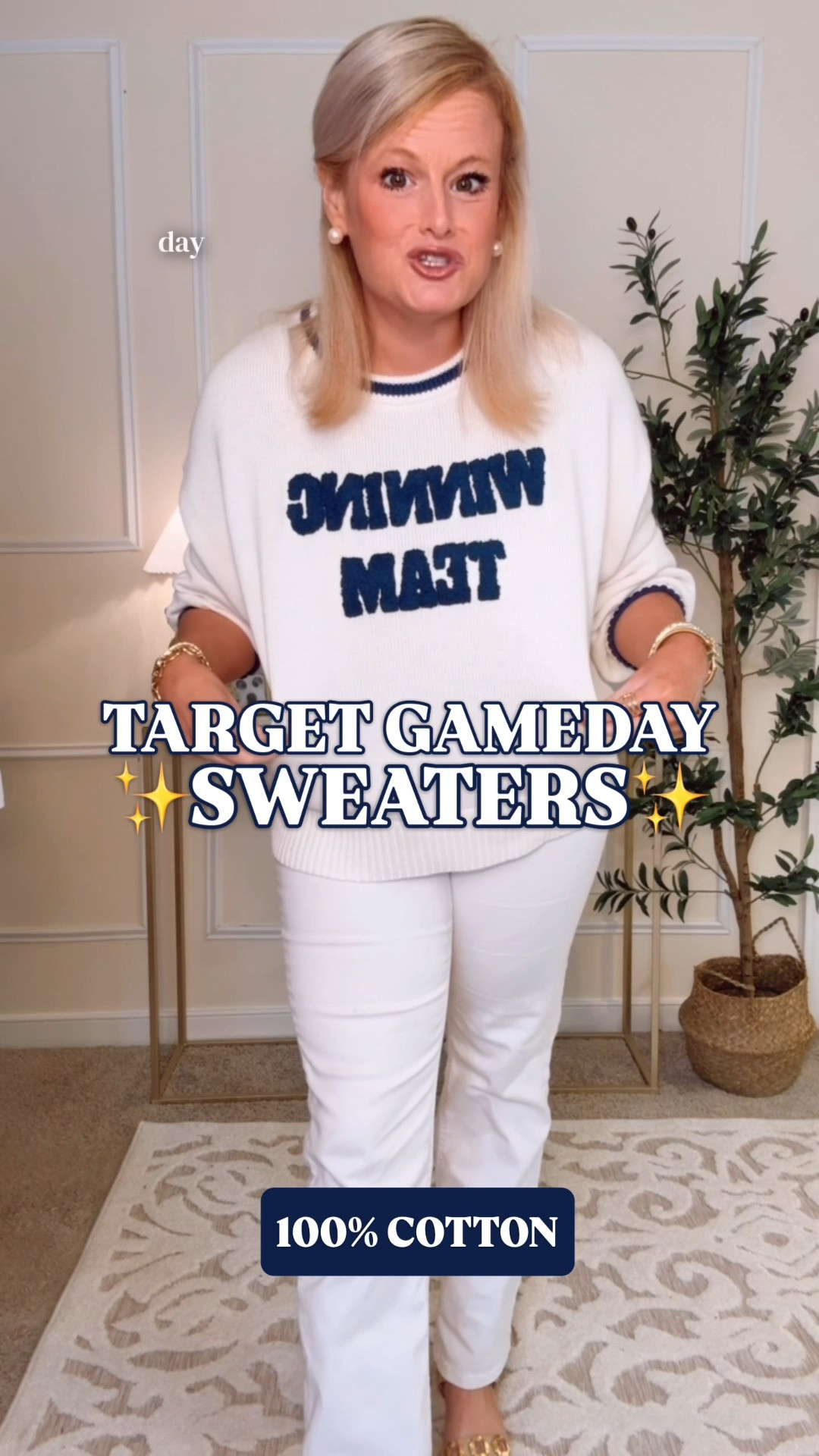 Target game day sweater | game day outfit women | college football outfit | tailgate outfit | 100% cotton sweater

I do not need to know the score to know this is a good game day sweater.

Target just dropped this Wild Fable “Winning Team” pullover, and it is 100% cotton. Heavyweight cotton jersey, crew neckline, drop shoulder sleeves, ribbed edges, navy lettering, and that easy cream and navy color story that works even if your actual team spirit is mostly snacks.

I’m in a large for a comfy fit. It also comes in a whole rainbow of team color options, so you can get the game day look without needing an actual team logo across your chest.

This is such an easy game day outfit because it gives you the football season look without committing to a specific school logo. Wear it for college football outfits, NFL game day outfits, tailgates, stadium outfits, school spirit days, sorority game day, football mom outfits, casual fall outfits, and weekend errands when the game is technically on somewhere.

Pair with white jeans now, denim shorts while it is still hot, or straight leg jeans and sneakers once fall makes its debut. 

Target game day sweater, Target game day outfit, Target game day collection, Target sweater, Wild Fable sweater, game day outfit women, college football outfit, college game day outfit, football game outfit, NFL game day outfit, tailgate outfit women, stadium outfit women, football mom outfit, school spirit outfit, sorority game day outfit, navy game day outfit, navy and white outfit, winning team sweater, 100 cotton sweater, cotton pullover sweater, crewneck sweater women, fall sweater women, casual fall outfit, preppy game day outfit, preppy fall style, Target fashion finds, Target finds, Target style, affordable game day outfit

#LTKFindsUnder50 #TargetFinds #TargetStyle #GameDayOutfit #CollegeFootball #FootballSeason #TailgateStyle #PreppyStyle #FallOutfits

#LTKSeasonal #LTKootd #LTKPetite