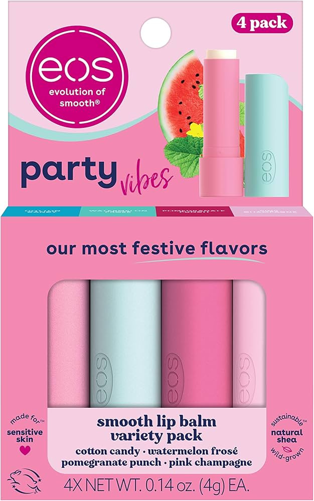 eos Party Vibes Lip Balm Variety Pack- Cotton Candy, Watermelon Frosé, Pomegranate Punch & Pink ... | Amazon (US)