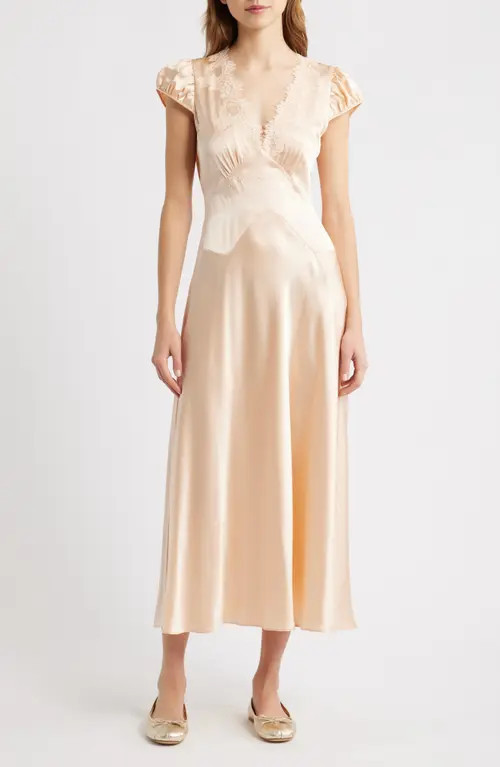 DÔEN Coraline Lace Detail Floral Satin Maxi Dress in Peach Sorbet at Nordstrom, Size Medium | Nordstrom
