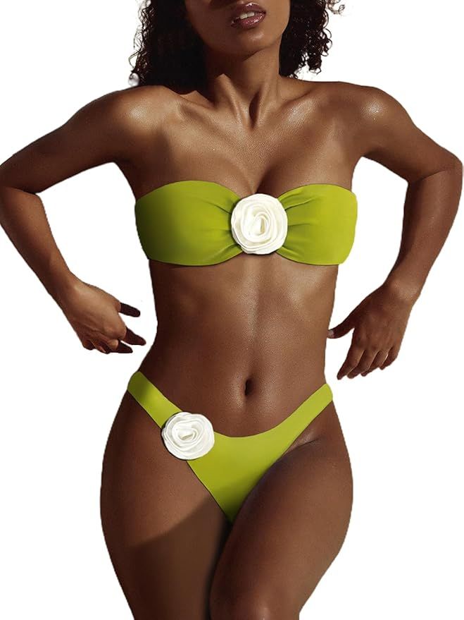 Women Sexy Floral Bikini Set High Cut Two Piece Swimsuit Removable Strap Bandeau Top Thong Bathin... | Amazon (US)
