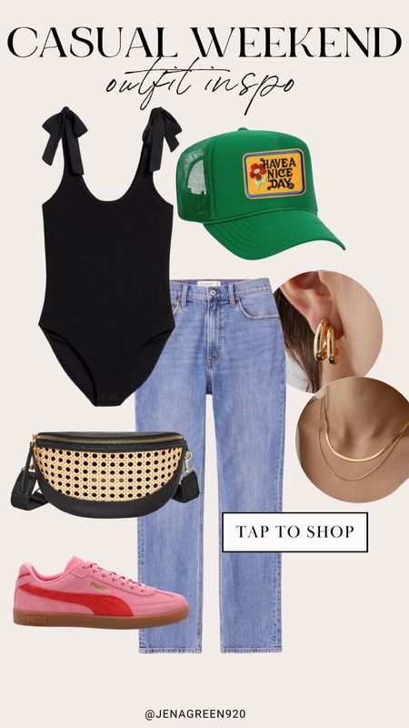 Casual Weekend Outfit | Summer Outfit | Tie Bodysuit | Straight Leg Jeans | Trucker Hat | Pink Sneakers

#LTKShoeCrush #LTKItBag #LTKStyleTip