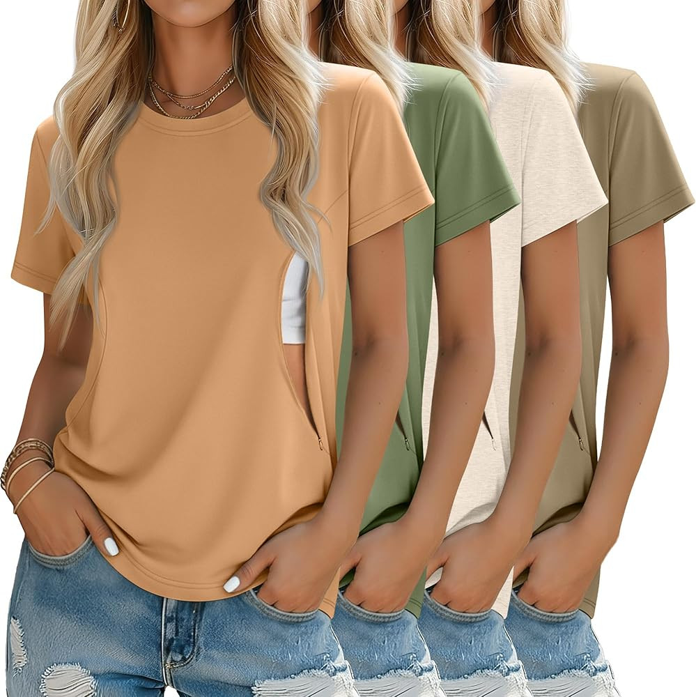 4 Pack Women's Nursing Breastfeeding Shirts with Zipper Loose Fit Short Sleeve Maternity Top Nurs... | Amazon (US)